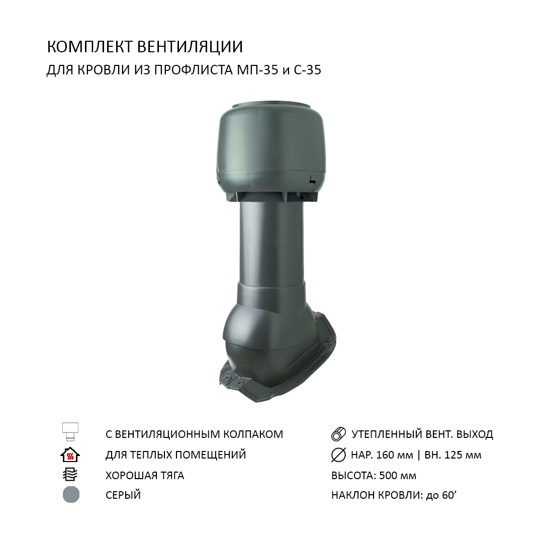 Дом, Мебель, Освещение и Строительство :: Строительство :: Комплект  вентиляции: Колпак D160, вент. выход утепленный высотой Н-500, для  кровельного профнастила 35мм, серый